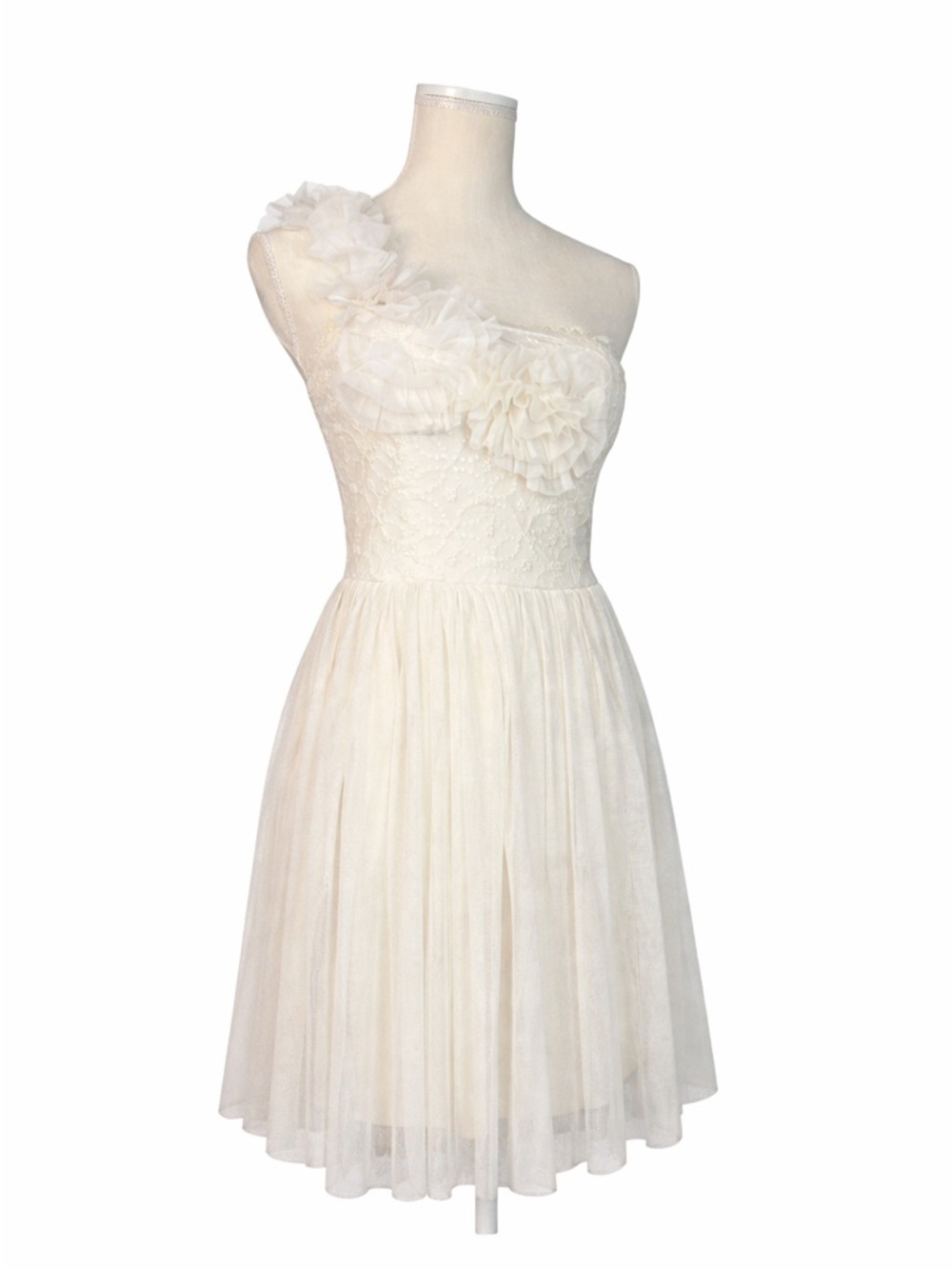 American Rag Cream One Shoulder Lace Tulle Dress Floral Applique Fit & Flare XS
